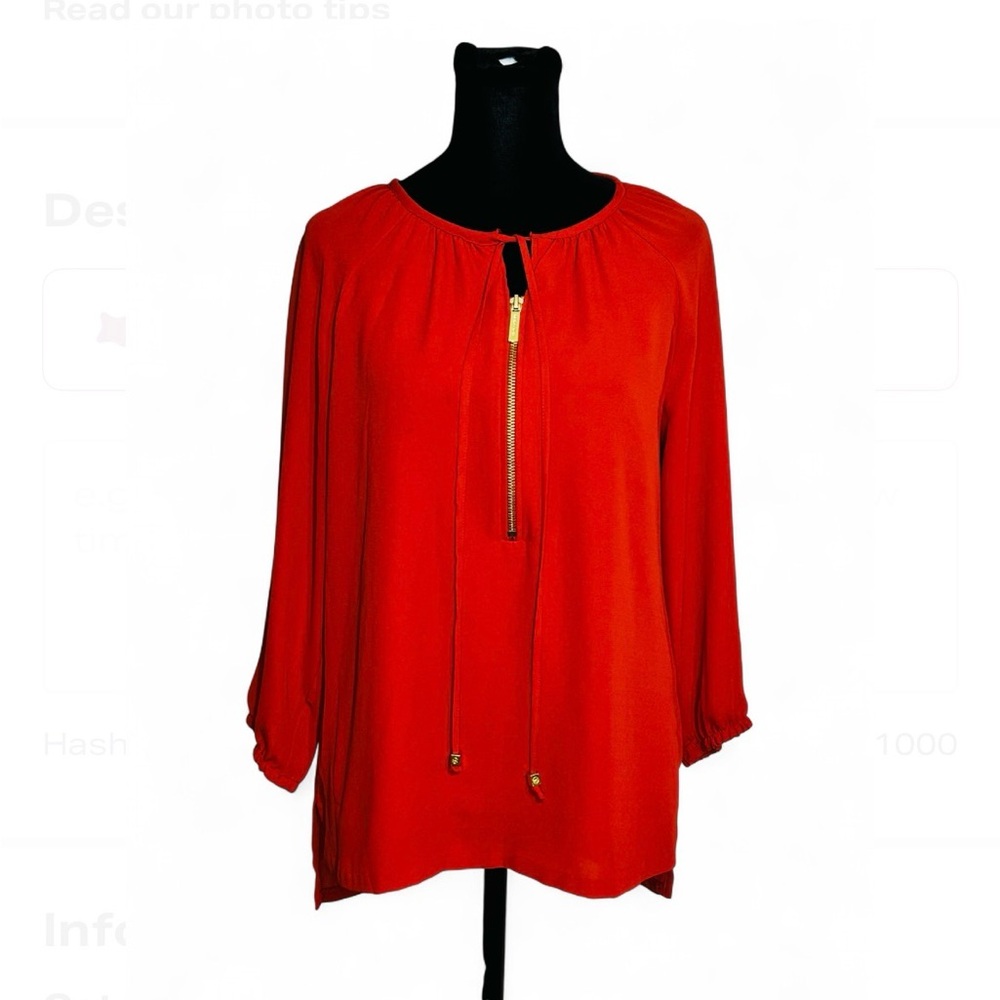 MICHAEL KORS Red-Marrón Blouse S,3/4 Sleeve Front Zipp Round Neck Adjus Straps